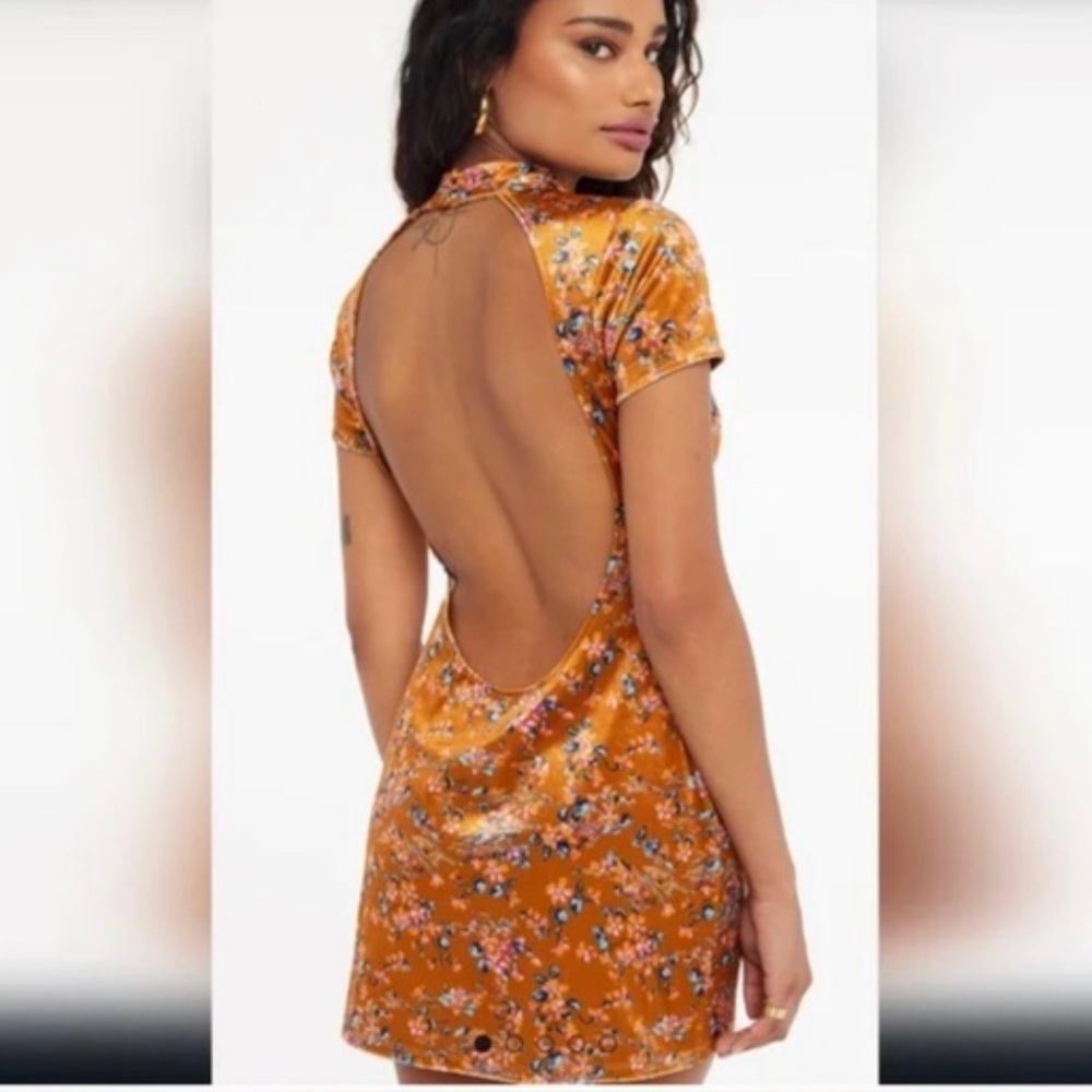 NEW Savage Fenty Psychedelic Velvet Slip Mini Dress Open Back M Orange Floral